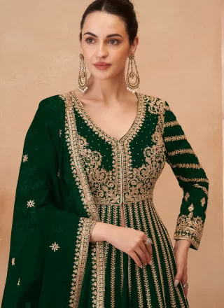 Green Chinon Readymade Lehenga Choli with Embroidered, Sequins and Zari Work