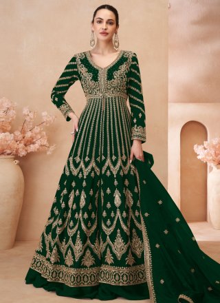 Green Chinon Readymade Lehenga Choli with Embroidered, Sequins and Zari Work