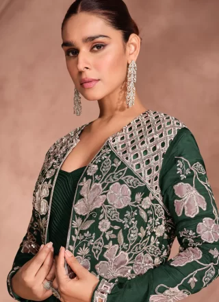 Green Chinon Readymade Lehenga Choli with Embroidered Work for Ceremonial