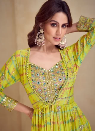 Green Chinon Salwar Suit with Digital Print, Fancy, Mirror, Thread and Zari Work