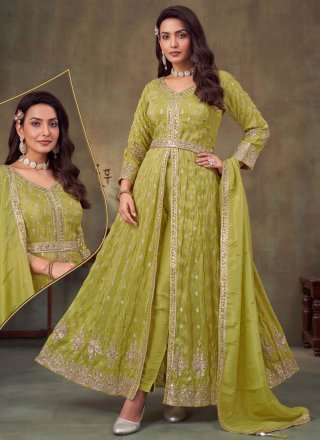 Green Chinon Salwar Suit with Embroidered, Sequins and Zari Work for Festival