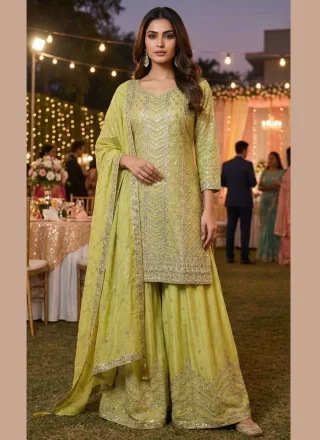 Green Chinon Salwar Suit with Embroidered Work
