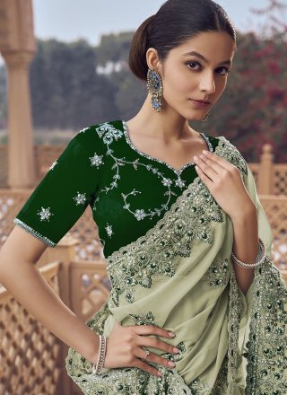 Green Cord, Cut, Embroidered, Hand and Zari Work Organza Contemporary Sari