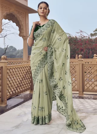 Green Cord, Cut, Embroidered, Hand and Zari Work Organza Contemporary Sari