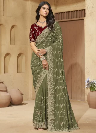 Green Cord, Diamond and Thread Work Georgette Traditional Saree