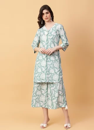 Green Cotton Casual Kurti with Print Work