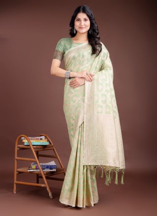 Green Cotton Contemporary Saree with Weaving Work