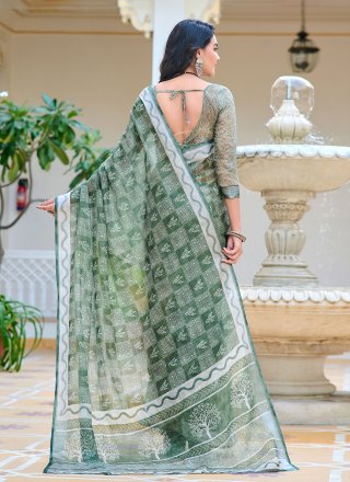 Green Cotton Digital Print Work Contemporary Saree