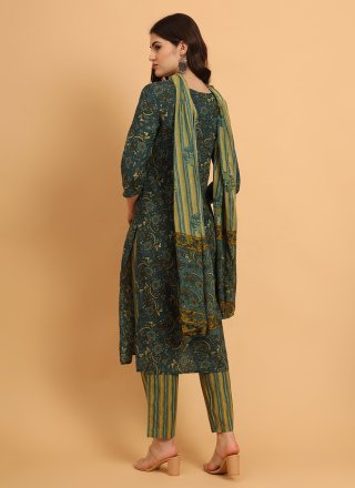 Green Cotton Embroidered and Print Work Salwar Suit