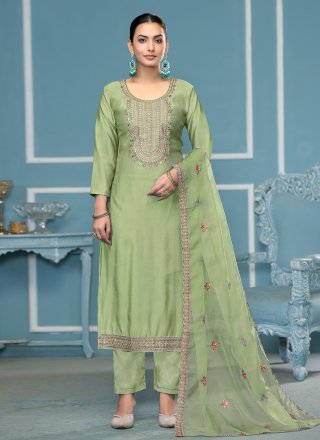 Green Cotton Embroidered Work Salwar Suit