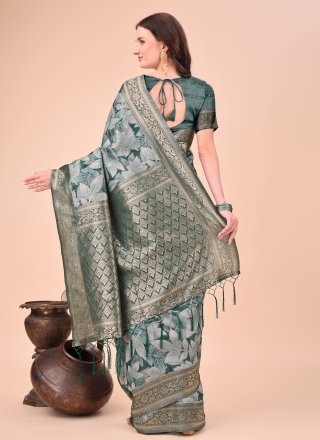 Green Cotton Floral Patch Work Trendy Saree for Casual