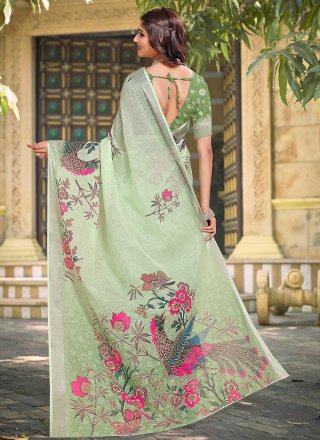 Green Cotton Patch Border and Digital Print Work Contemporary Saree for Casual