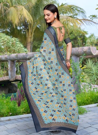 Green Cotton Patch Border and Digital Print Work Contemporary Sari for Engagement