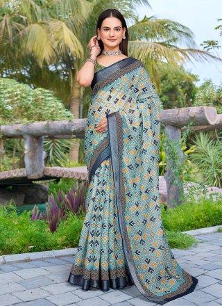 Green Cotton Patch Border and Digital Print Work Contemporary Sari for Engagement