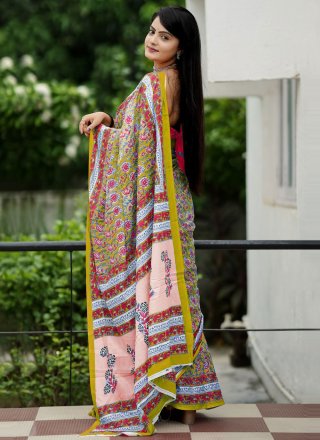 Green Cotton Print Work Contemporary Saree for Casual