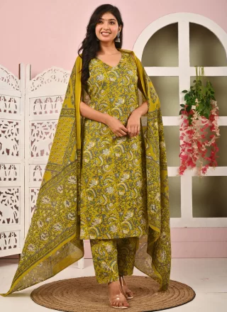 Green Cotton Print Work Readymade Salwar Suit