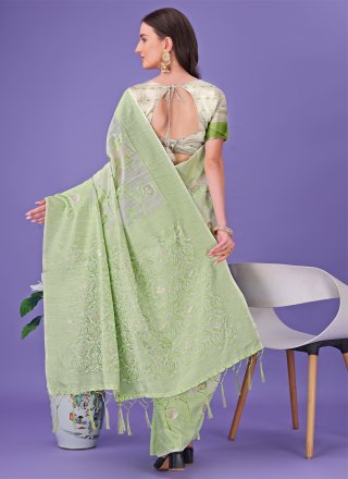Green Cotton Print Work Trendy Saree for Casual
