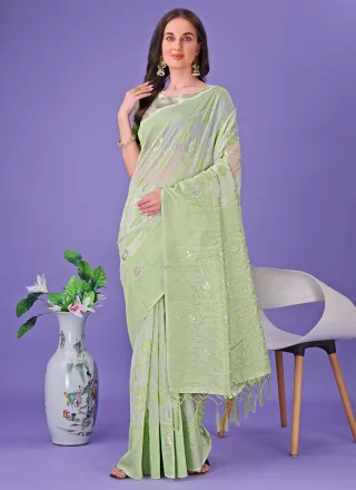Green Cotton Print Work Trendy Saree for Casual