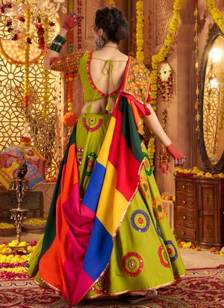 Green Cotton Readymade Lehenga Choli with Embroidered, Mirror and Thread Work
