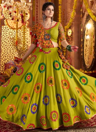 Green Cotton Readymade Lehenga Choli with Embroidered, Mirror and Thread Work