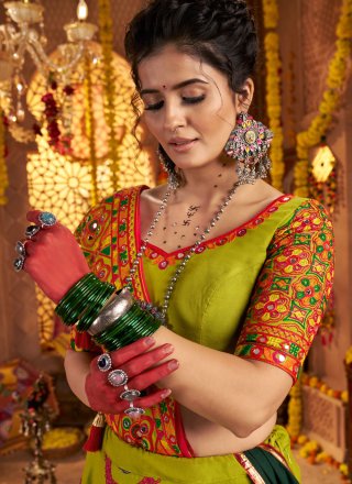 Green Cotton Readymade Lehenga Choli with Embroidered, Mirror and Thread Work