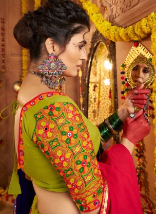 Green Cotton Readymade Lehenga Choli with Embroidered, Mirror and Thread Work