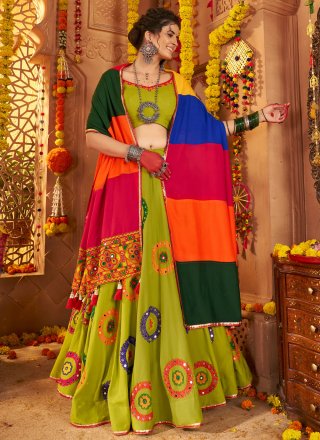 Green Cotton Readymade Lehenga Choli with Embroidered, Mirror and Thread Work
