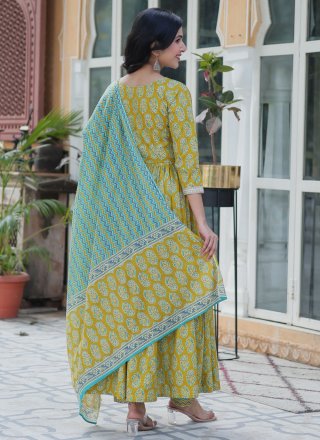Green Cotton Readymade Salwar Suit with Floral Patch and Strips Print Work for Ceremonial