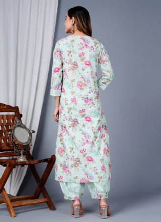 Green Cotton Salwar Suit with Embroidered and Print Work