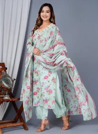 Green Cotton Salwar Suit with Embroidered and Print Work