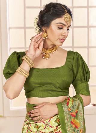 Green Cotton Silk Classic Sari with Patch Border and Print Work
