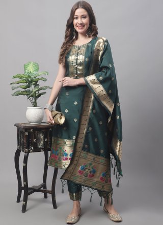 Green Cotton Silk Jacquard Work Readymade Salwar Suit