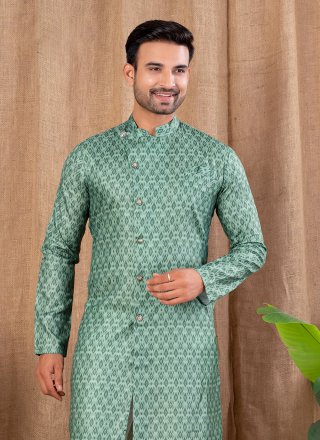 Green Cotton Silk Print Work Indo Western