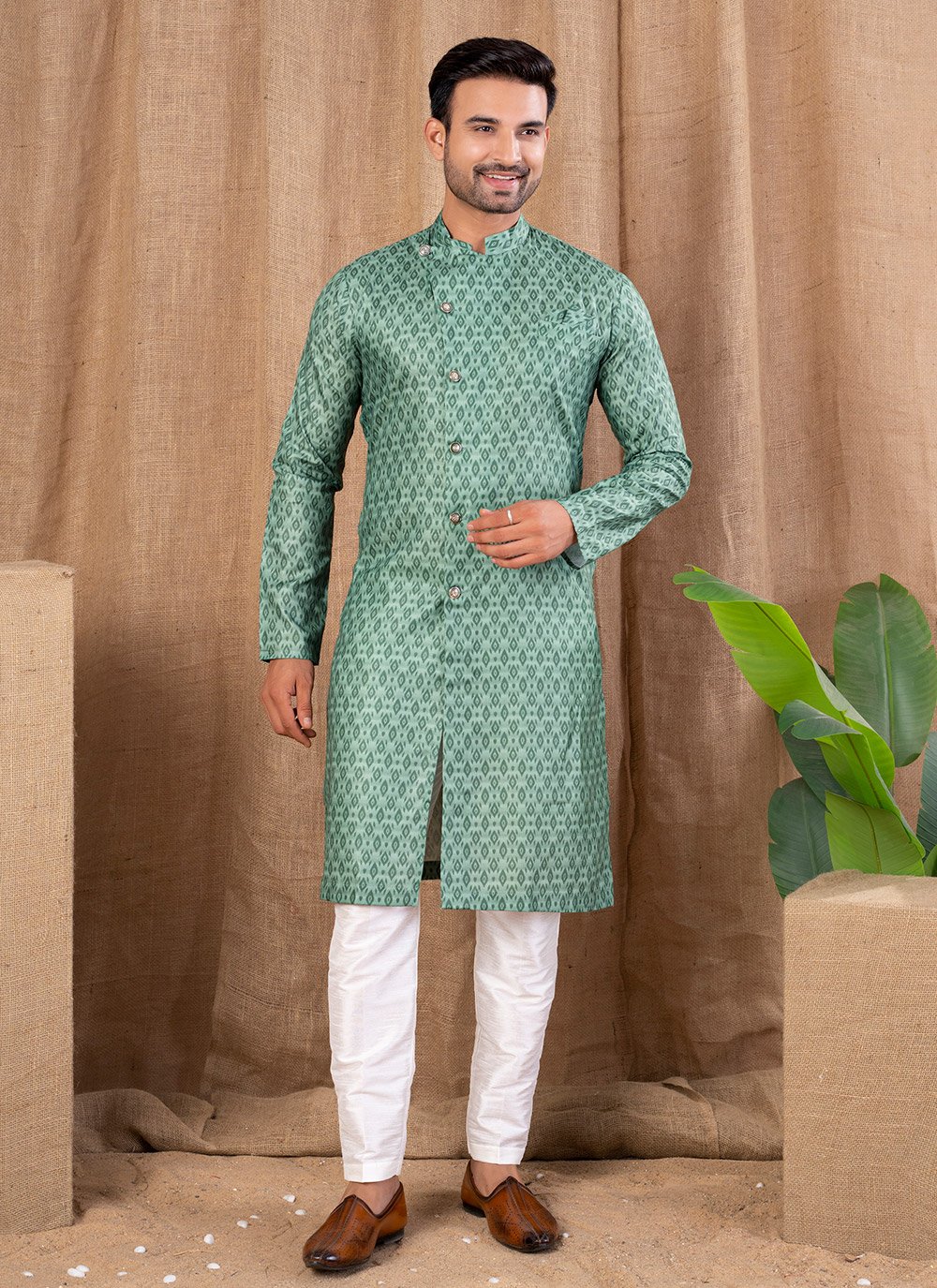 Green Cotton Silk Print Work Indo Western for Men Buy Online
