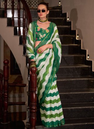 Green Cotton Silk Strips Print Work Designer Saree
