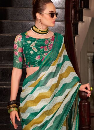 Green Cotton Silk Strips Print Work Designer Saree