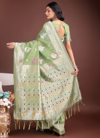 Green Cotton Traditional Saree with Jacquard Work
