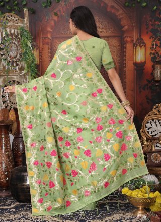 Green Cotton Woven Work Contemporary Sari