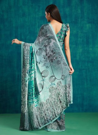 Green Crepe Silk Contemporary Saree with Digital Print Work for Ceremonial