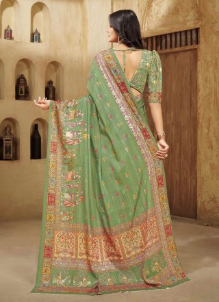 Green Crepe Silk Digital Print and Foil Print Work Classic Saree