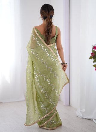 Green Crush Beads, Moti and Sequins Work Contemporary Sari for Engagement