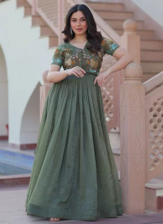 Green Crush  Designer Gown with Embroidered Work