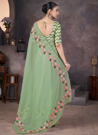 Green Crush Designer Saree with Patch Border, Embroidered, Lace, Patch Border and Thread Work