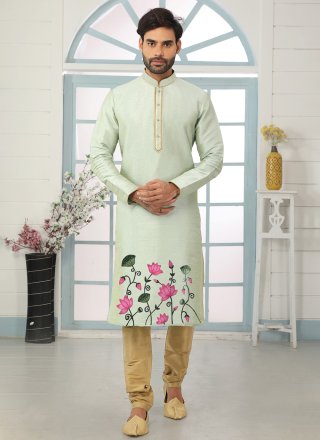 Green Dupion Silk Embroidered Work Kurta Pyjama