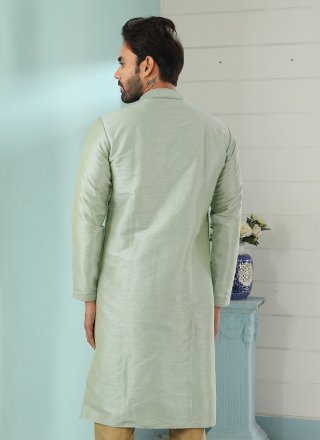 Green Dupion Silk Kurta Mens Wear with Embroidered Work