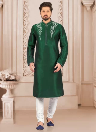 Green Dupion Silk Kurta Pyjama with Embroidered Work