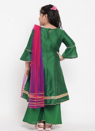 Green Dupion Silk Readymade Salwar Suit with Embroidered Work