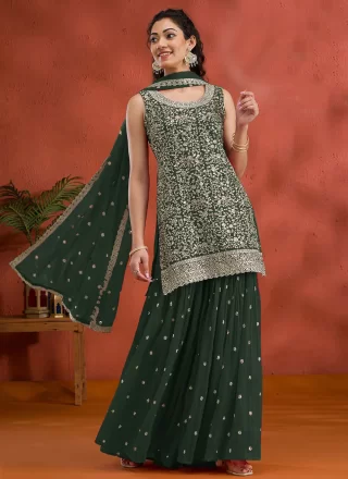 Green Embroidered and Sequins Work Georgette Readymade Salwar Suit