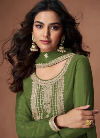 Green Embroidered and Zari Work Chinon Salwar Suit