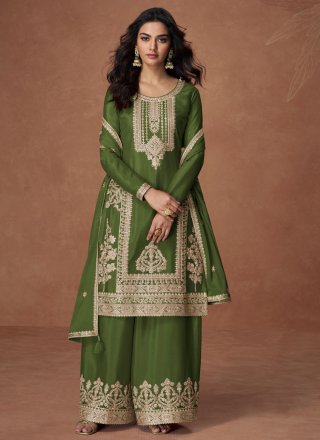 Green Embroidered and Zari Work Chinon Salwar Suit